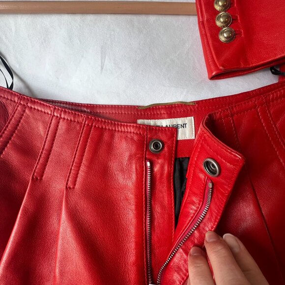 YSL Saint Laurent Red Leather Blazer Jacket Matching Shorts Suit Set Women Small - Picture 12 of 15